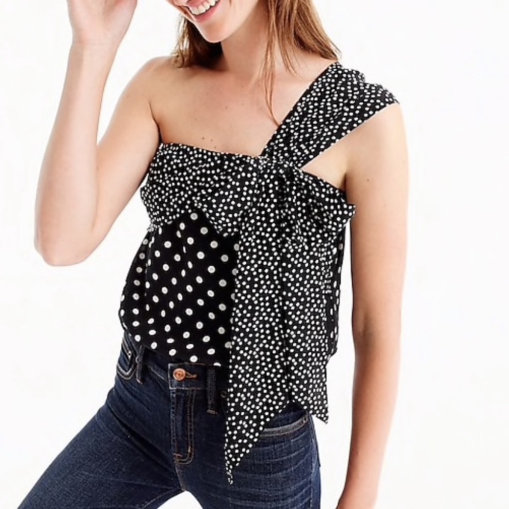 J Crew-Silk-one-shoulder-bow-top-in-polka-dot